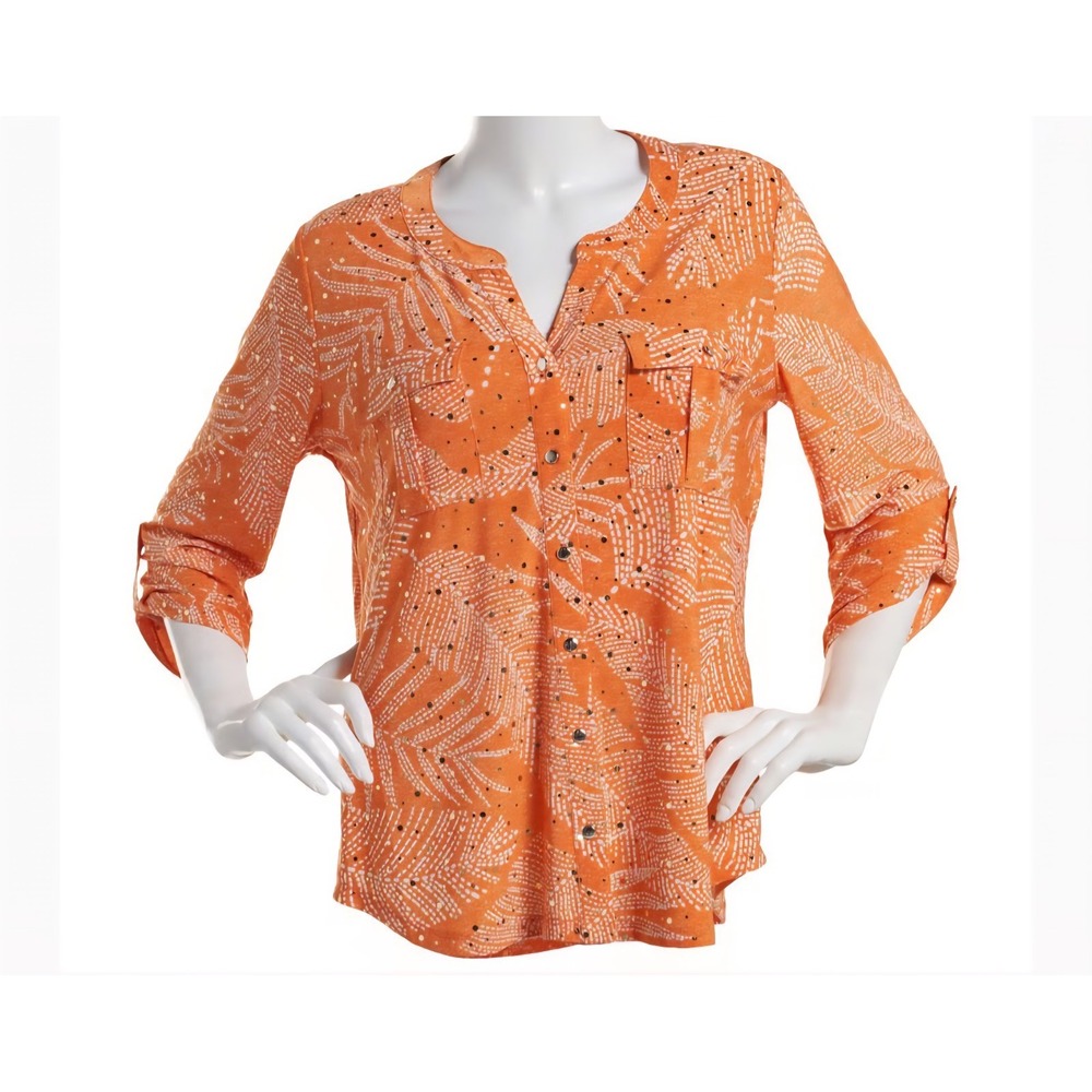 Emily Daniels Dotted Palms,Orange/White Disco  3/4 Sleeve‎ button front Sz PL